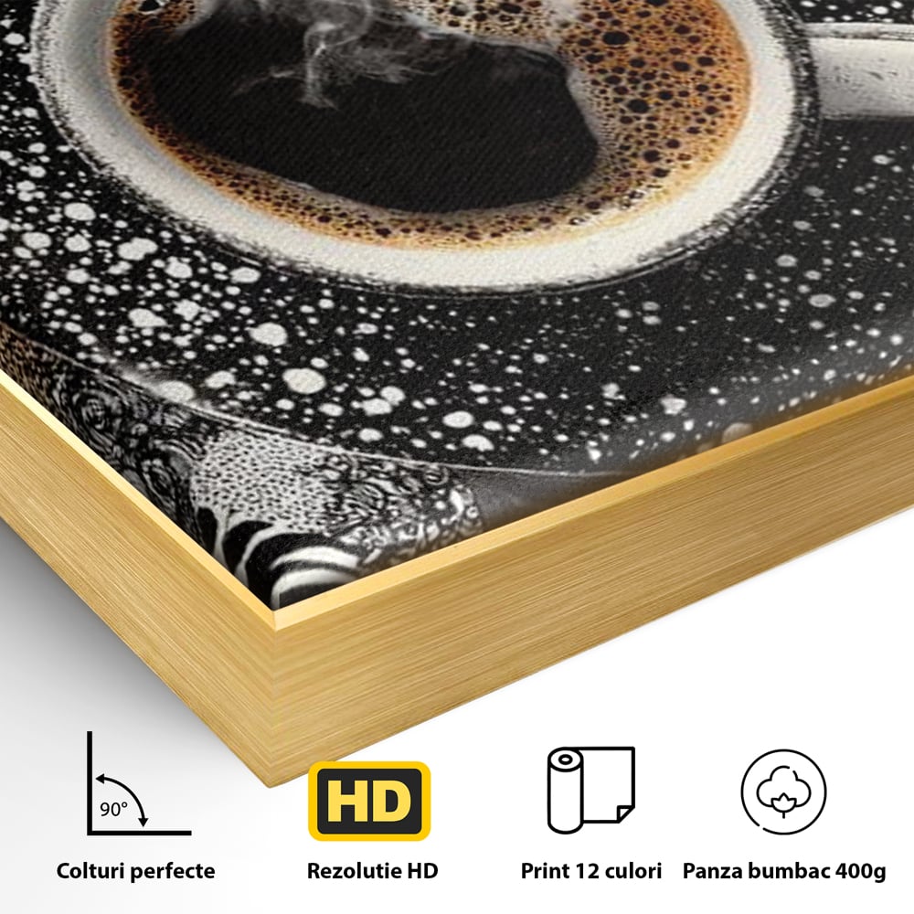Detaliu al suprafetei: tablou canvas cu ceasca de cafea si imprimeuri animale, in rama de aluminiu auriu